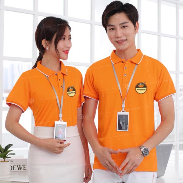 Áo đồng phục công ty màu cam tươi nổi bật phối cổ đức
