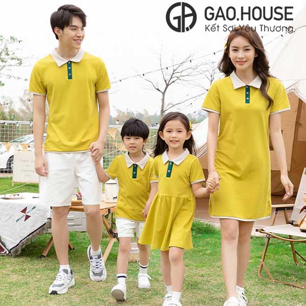 Áo váy đồng phục gia đình màu vàng dáng xòe