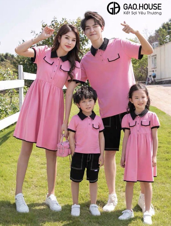 Set áo váy gia đình màu hồng công chúa line đen
